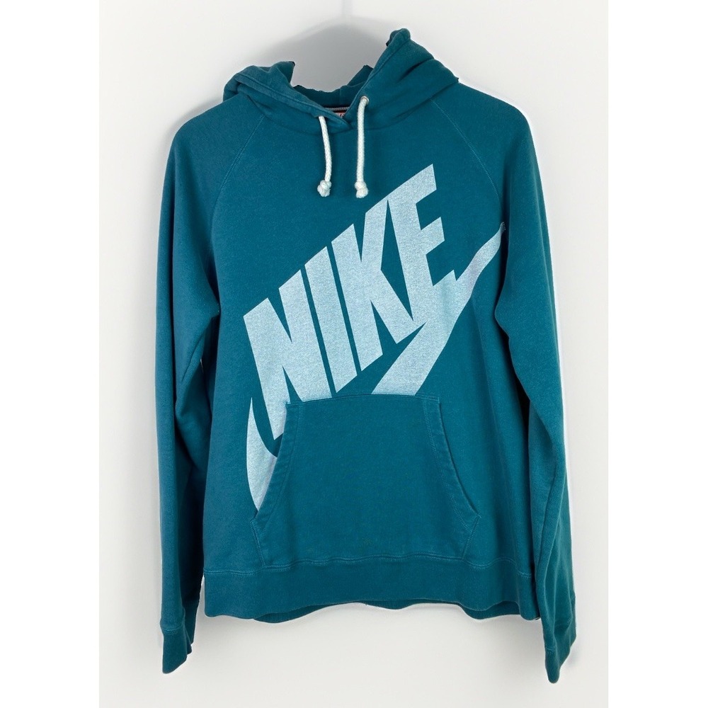 Vintage Nike XL Teal Cotton Blend Large Logo Spellout Pullover Hoodie Sweatshirt